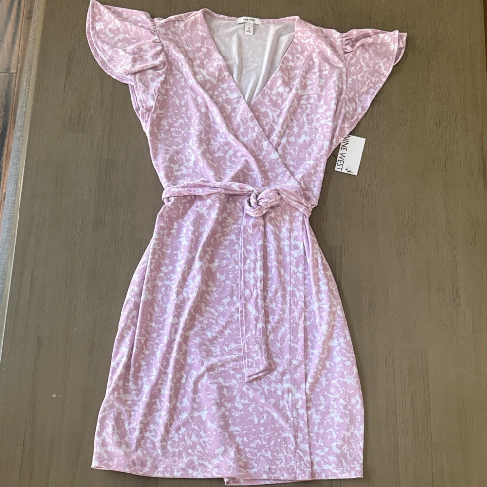 Light Pink Flutter Sleeve Faux Wrap Dress